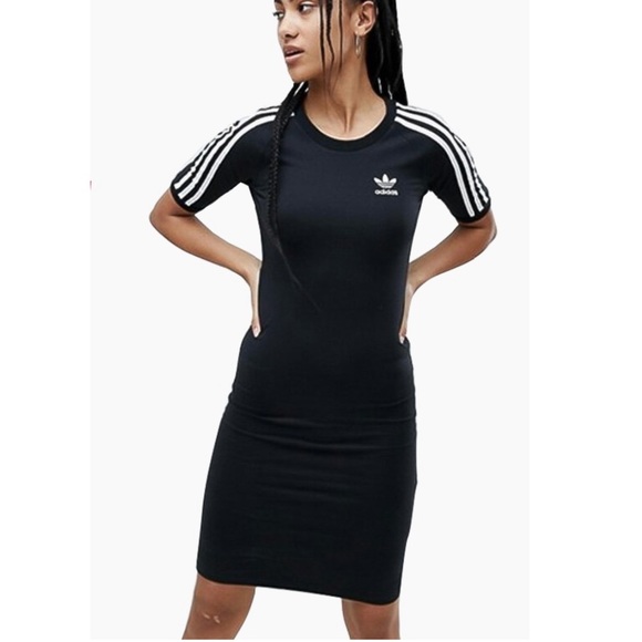 Adidas Black & White Classic Stripe Midi Bodycon Dress - Picture 1 of 5